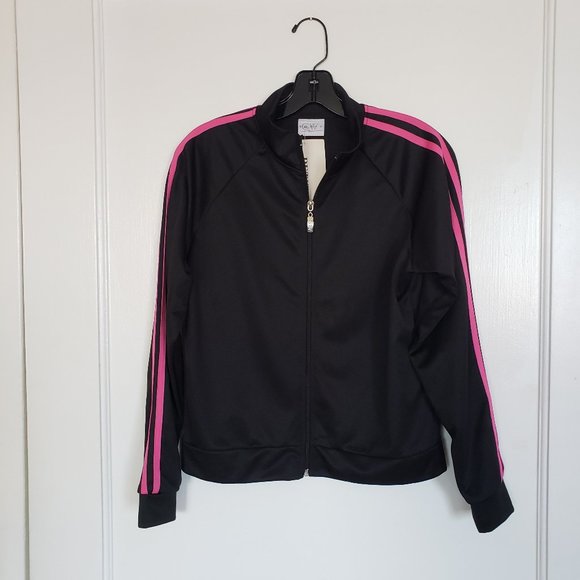 Women's athletic black and pink 2 stripe track jacket size petite L - NWT - Picture 1 of 7